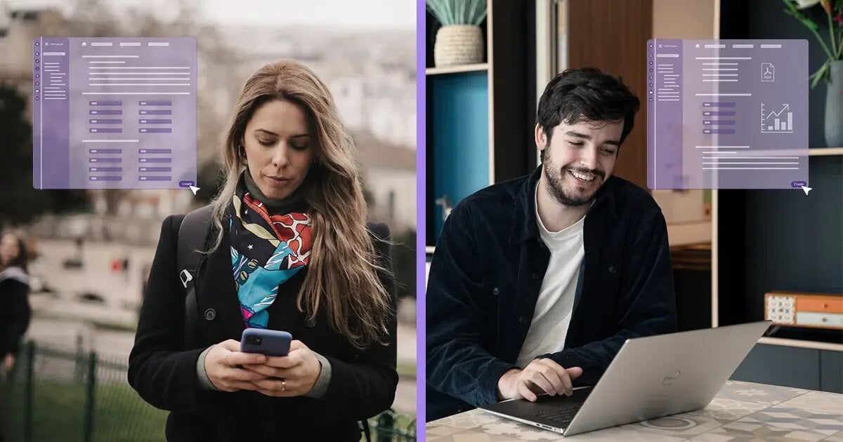 femme concentrée sur son téléphone et homme souriant devant son ordinateur